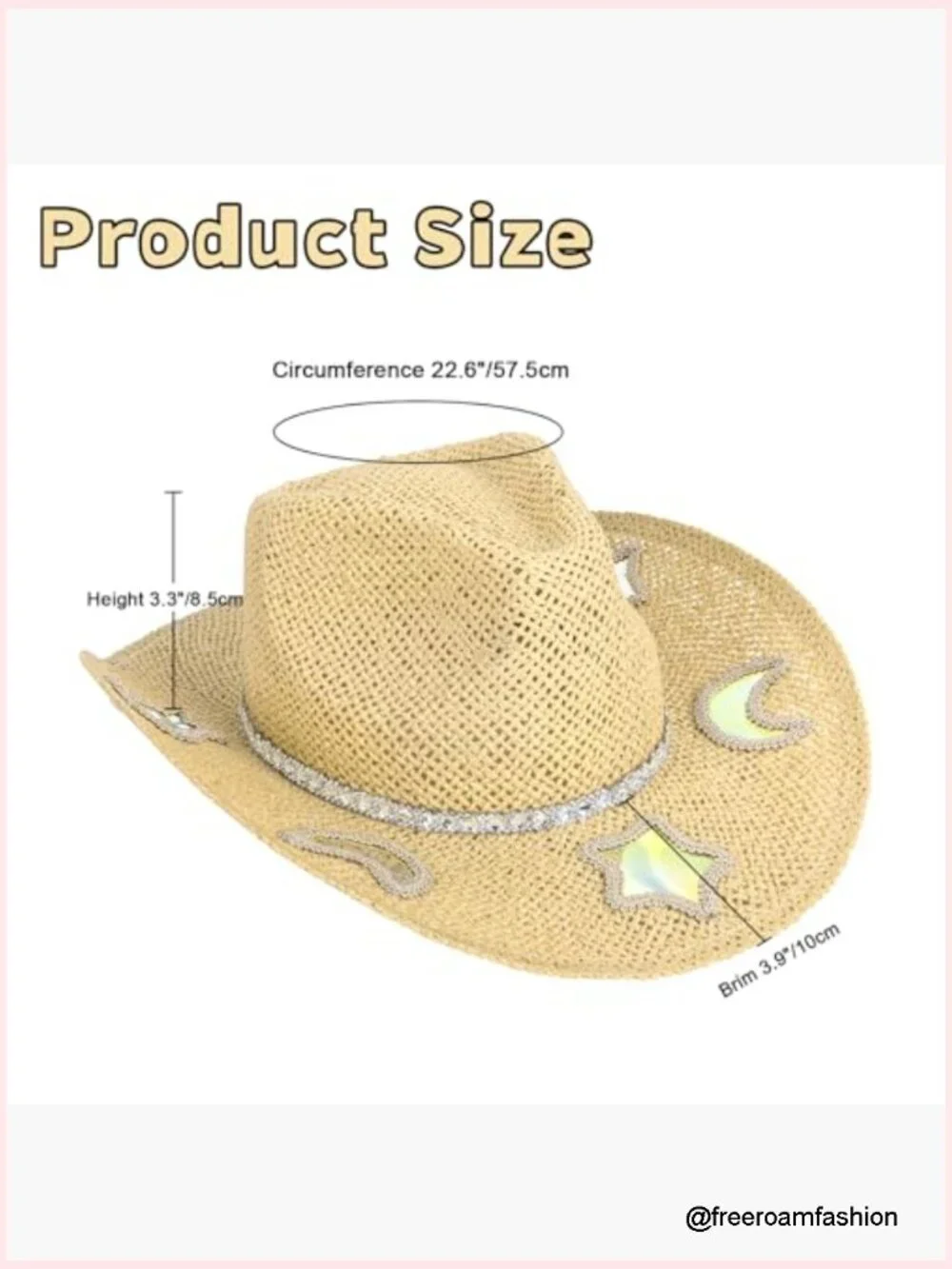 Straw Western Cowgirl Hat with Reflective Patches, Adjustable